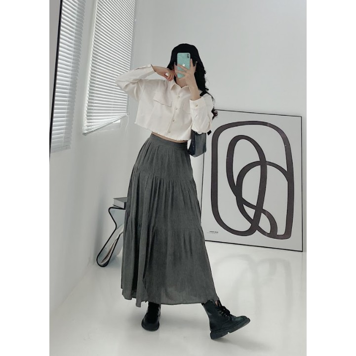 Chân váy dài thời trang GAGO Plain ruffle hem skirt màu xám đậm GO3395 | BigBuy360 - bigbuy360.vn