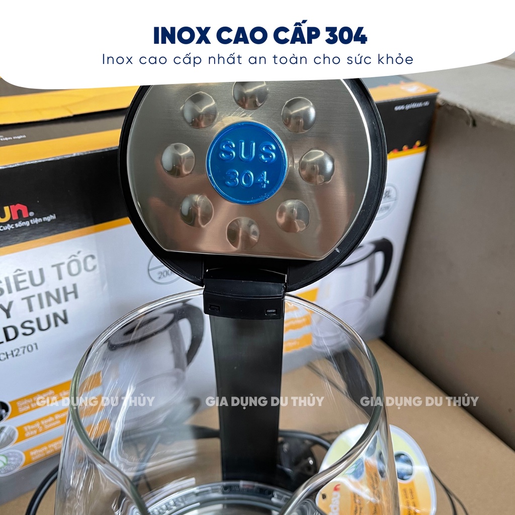 Ấm đun siêu tốc thủy tinh cao cấp Goldsun dung tích 1L8 chịu nhiệt cao, đun sôi nhanh không sinh chất độc hại CH2701