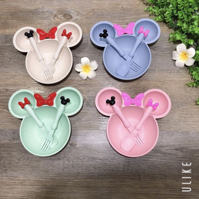 Bộ Bát Ăn Dặm Lúa Mạch Kèm Thìa Rĩa Micky Đáng Yêu Cho Bé