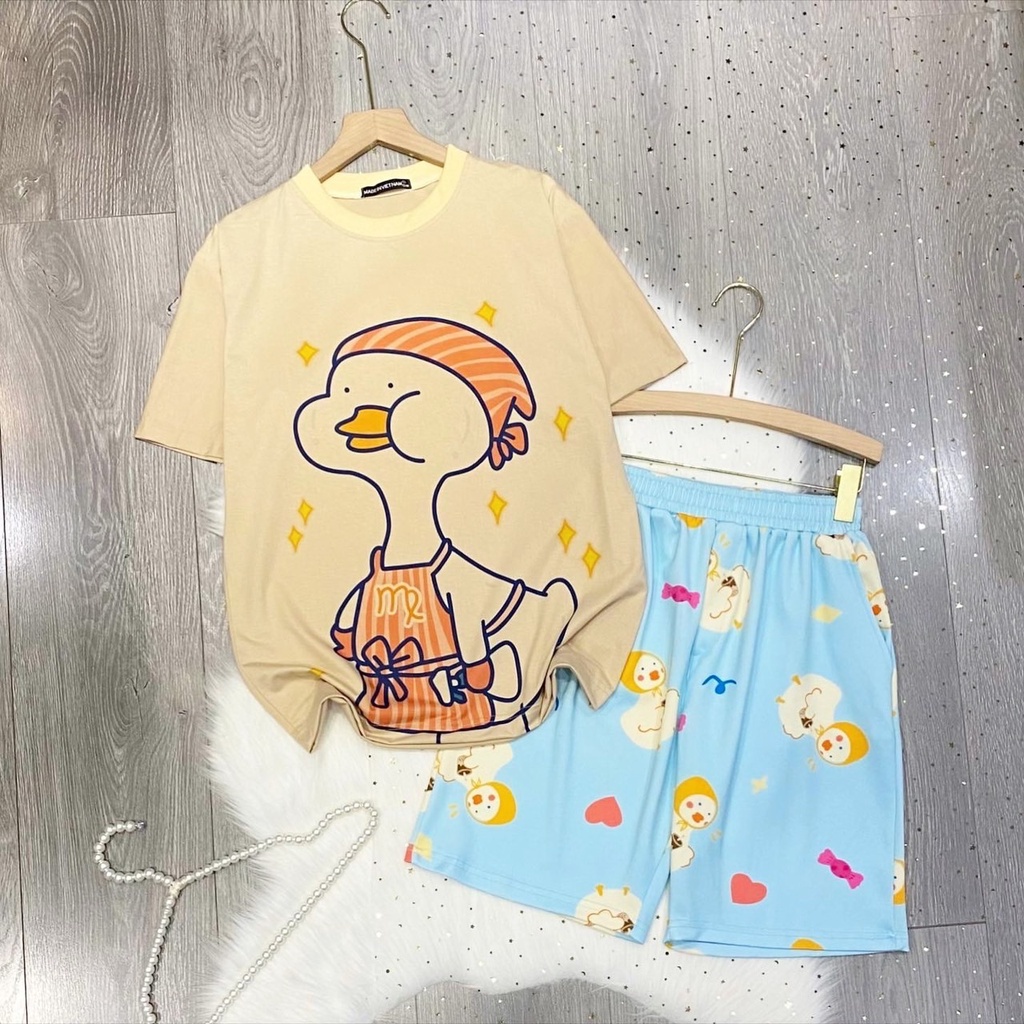Set quần đùi cartoon và áo thun freesize hoạt hình unisex chất thun thoáng mát SIB105