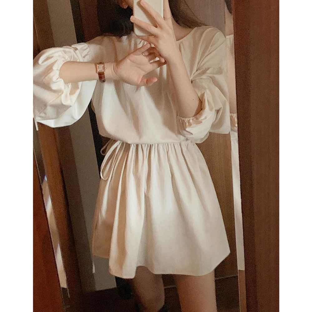 Đầm tay dài cổ tròn cột dây phong cách Hàn Quốc thanh lịch 46261