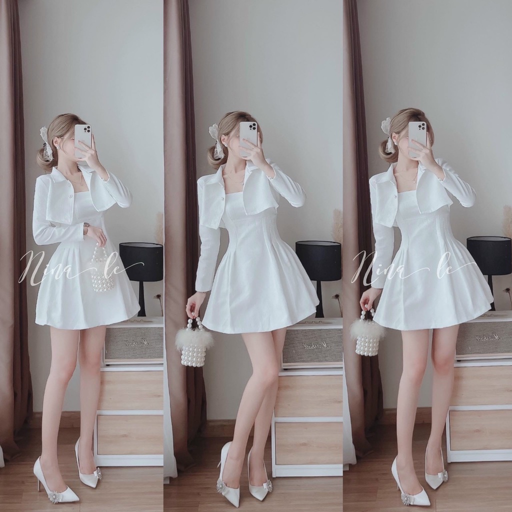 Sét 2 món áo khoác tay dài cổ sơ mi phối váy đầm nữ mini dáng xòe màu trắng dễ thương
