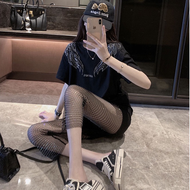 Jiashucheng Áo Thun Tay Ngắn Màu Đen In Hình Đôi Cánh Đính Đá Phong Cách Đường Phố Châu Âu Thời Trang Xuân Hè Cho Nữ