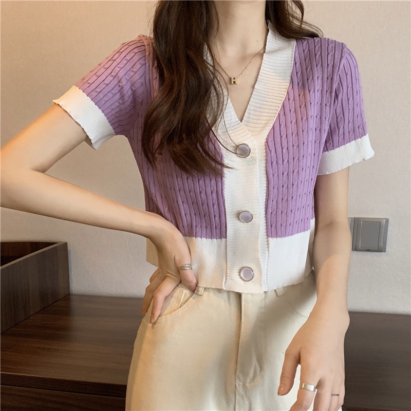 Áo Cardigan Dệt Kim Tay Ngắn Cổ Chữ V Dáng Rộng Màu Sắc Tương Phản Phong Cách Hàn Quốc Cho Nữ