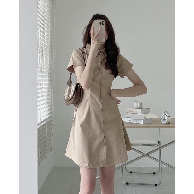 Váy Sơmi Kaki Cúc Dọc Chun Lưng Vintage | BigBuy360 - bigbuy360.vn