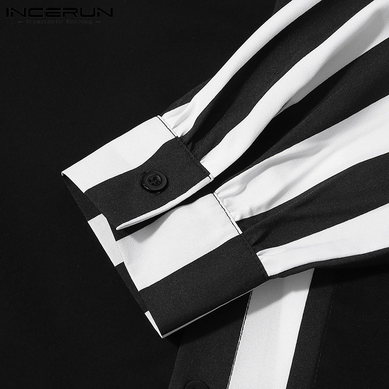 Áo Sơ Mi INCERUN Tay Dài Họa Tiết Kẻ Sọc Phối Màu Trắng Đen Thời Trang Cho Nam