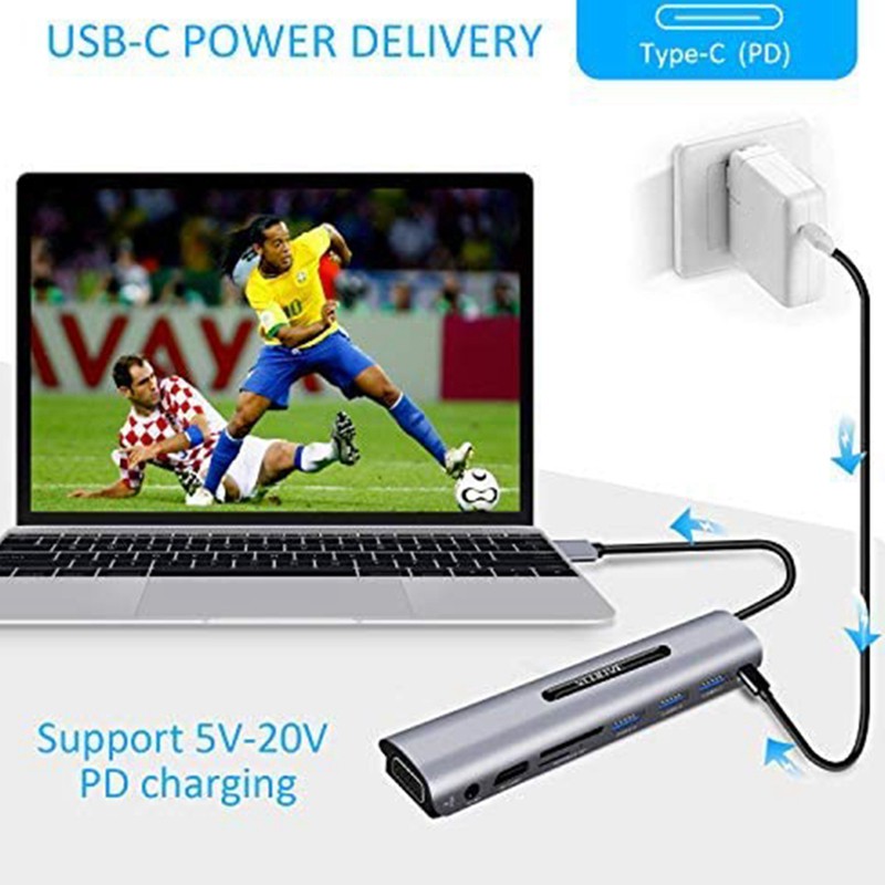 USB C Hub 9 in 1 Multiport Adapter with PD Power Delivery, 4K HDMI Output, 3 USB 3.0 Ports, Card Reader, VGA,Audio Port