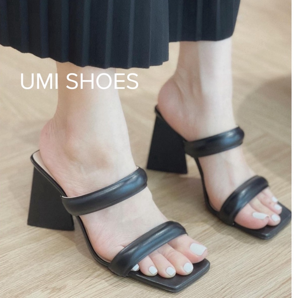 Giày Guốc Cao Gót Tam Giác Hai Quai Ngang Phồng mũi vuông thời trang mới đẹp đi chơi du lịch đi biển trắng/đen