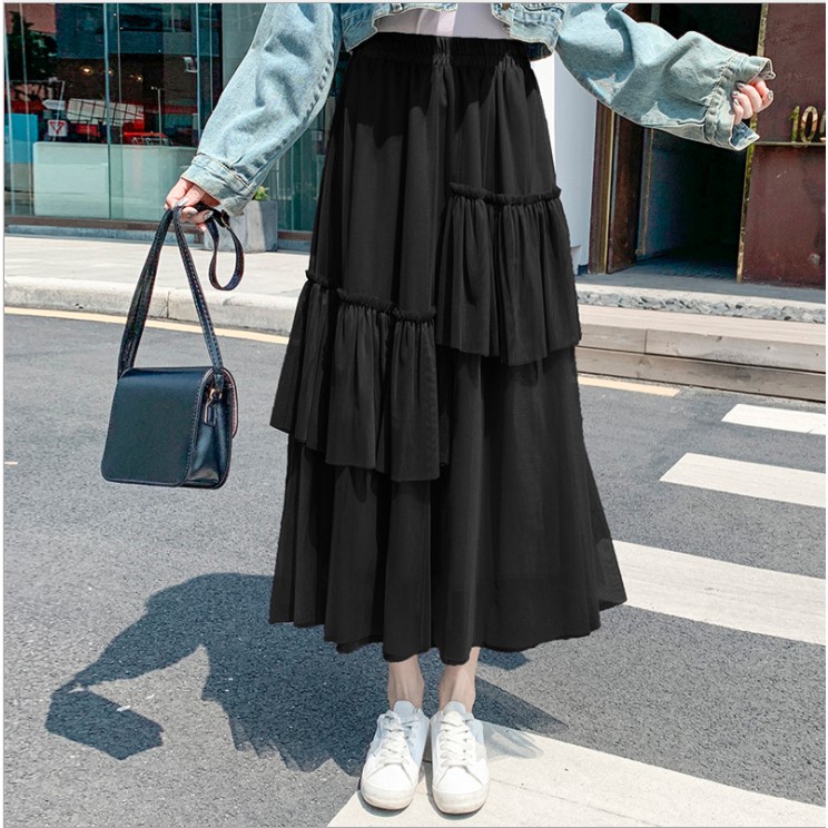 Chân váy dài voan xếp ly màu trắng, đen midi Vintage freesize 79cm 42~62kg, chân váy xếp ly dài công sở