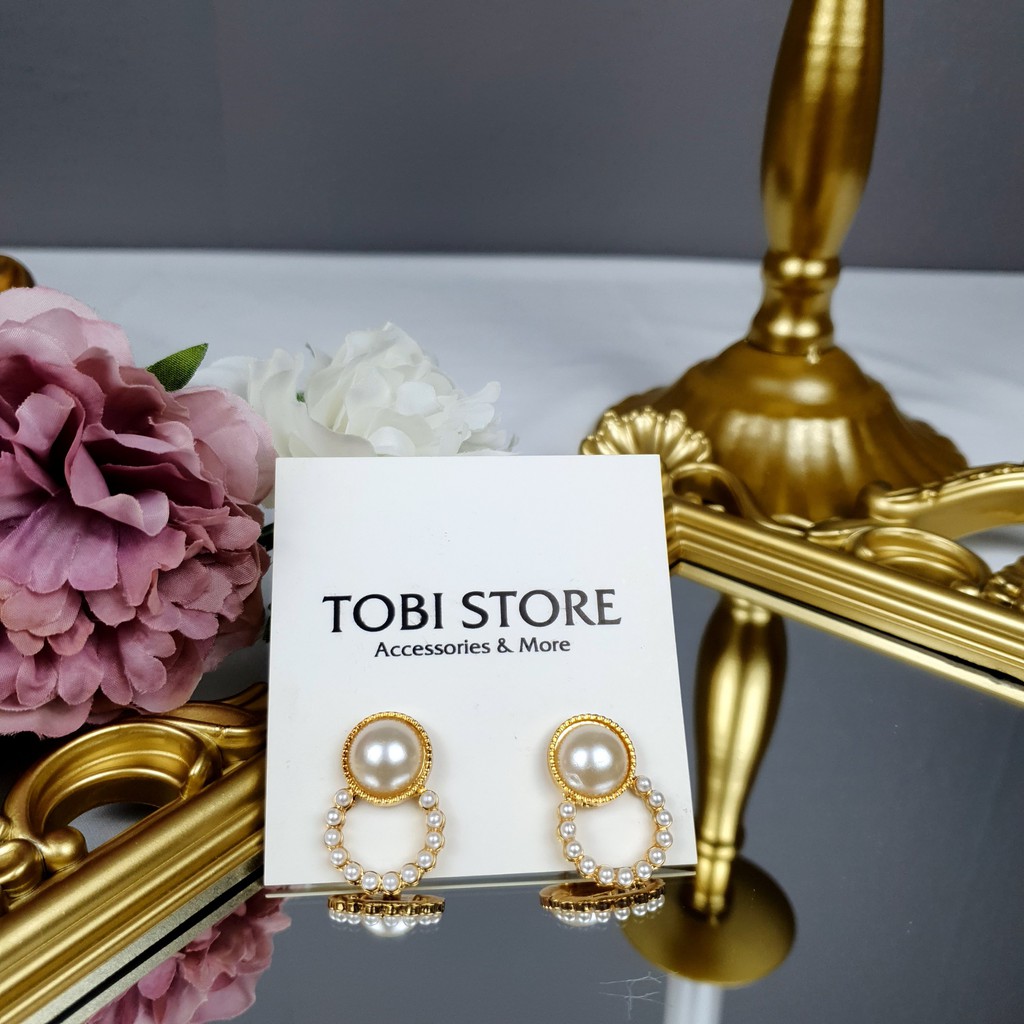 Khuyên tai nụ đính ngọc trai nhân tạo cổ điển cỡ to sang trọng TB02 TOBI STORE