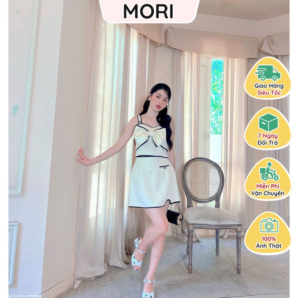 Set váy thiết kế cao cấp gồm áo hai dây nơ cách điệu kèm chân váy chữ A sang chảnh thời trang MORI CLOTHING