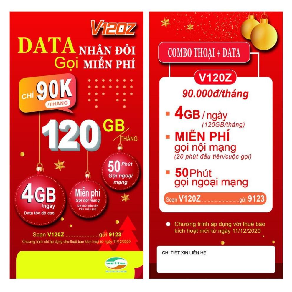 {FREE 30 NGÀY}Sim 4G Viettel gói V90 mới {V120Z} 120GB/Tháng {4GB/Ngày} miễn phí gọi nội mạng