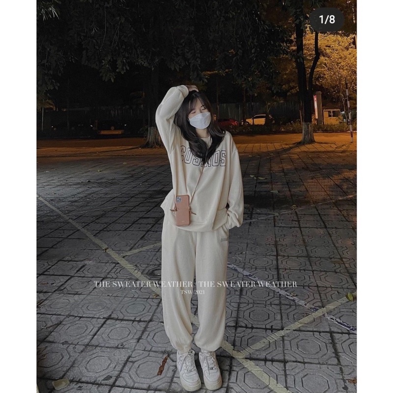 Đồ bộ nữ, Set đồ dài tay in chữ cosmos chất nỉ mùa đông phong cách Hàn Quốc Ulzzang dành cho nữ unisex