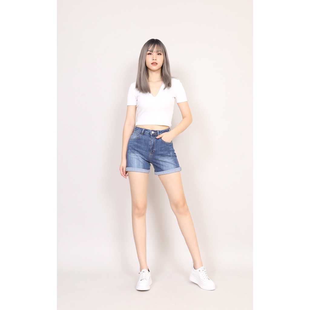 Quần Short Jean cạp cao dáng Xước Gấu Thường  CT JEANS