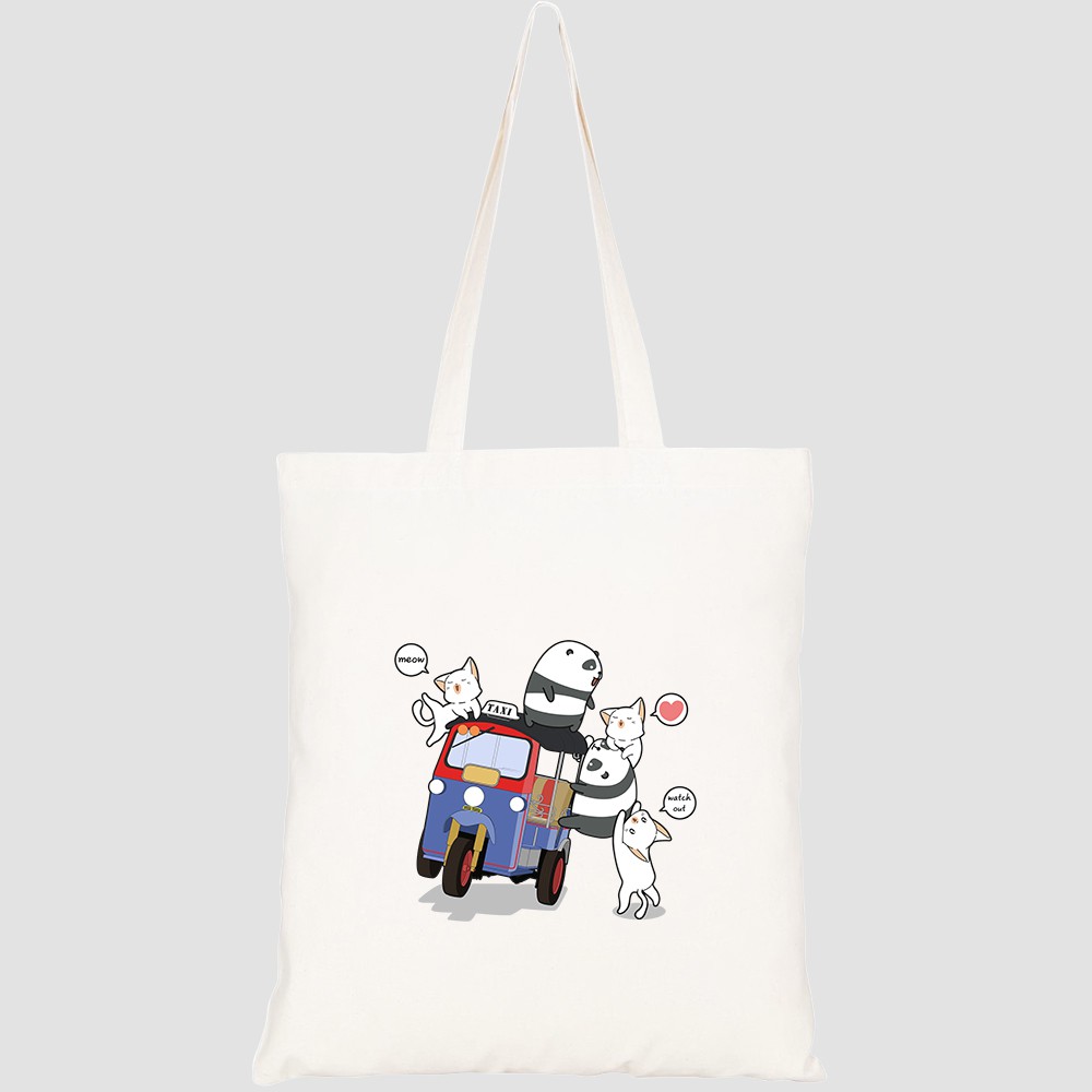 Túi vải tote canvas HTFashion in hình kawaii pandas cats with motor tricycle HT183