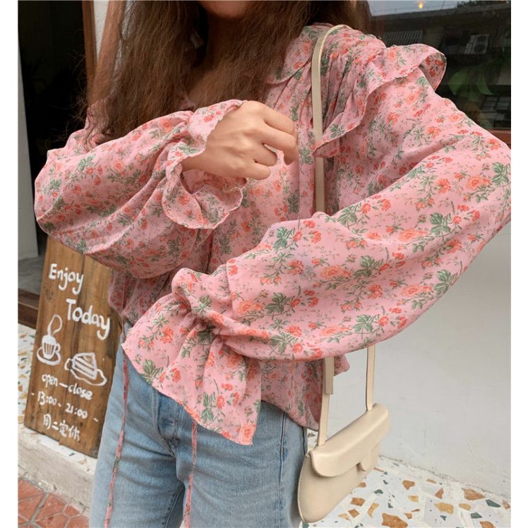 Áo Sơ Mi Nữ Tay Dài Hoa Nhí Thắt Nơ Ulzzang