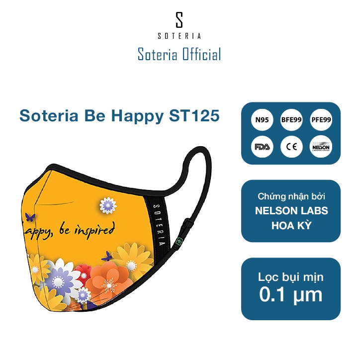 Khẩu trang tiêu chuẩn Quốc Tế SOTERIA Be Happy ST125 - Bộ lọc N95 BFE PFE 99 lọc đến 99% bụi mịn 0.1 micro- Size S,M,L