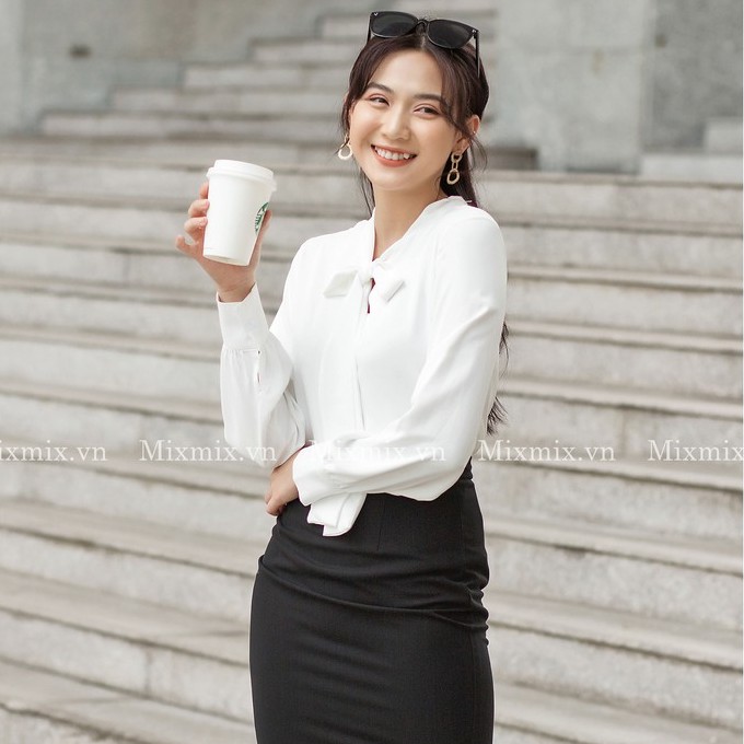 Áo sơ mi cột nơ màu trắng - MIXMIX - Hàng thiết kế - Hình chụp thật