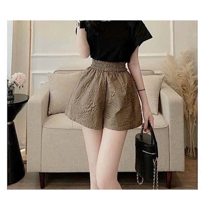 Quần short nữ ống rộng lưng cao cạp thun chun có túi IN PHỒNG HOA NỔI
