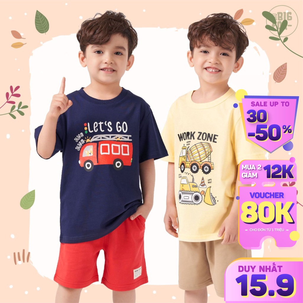 Áo thun cộc tay cho bé trai Bigfox, 6 màu mặc mùa hè chất liệu cotton họa tiết khủng long size trẻ em 2,3,4,5,6,7,8 tuổi