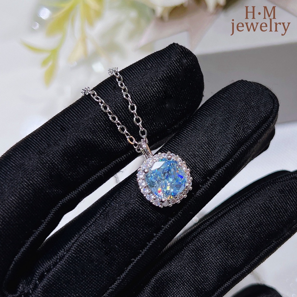 Mặt Vòng cổ Hình Vuông Nhỏ Màu Xanh Dương Nhạt Đính Đá Aquamarine Sang Trọng