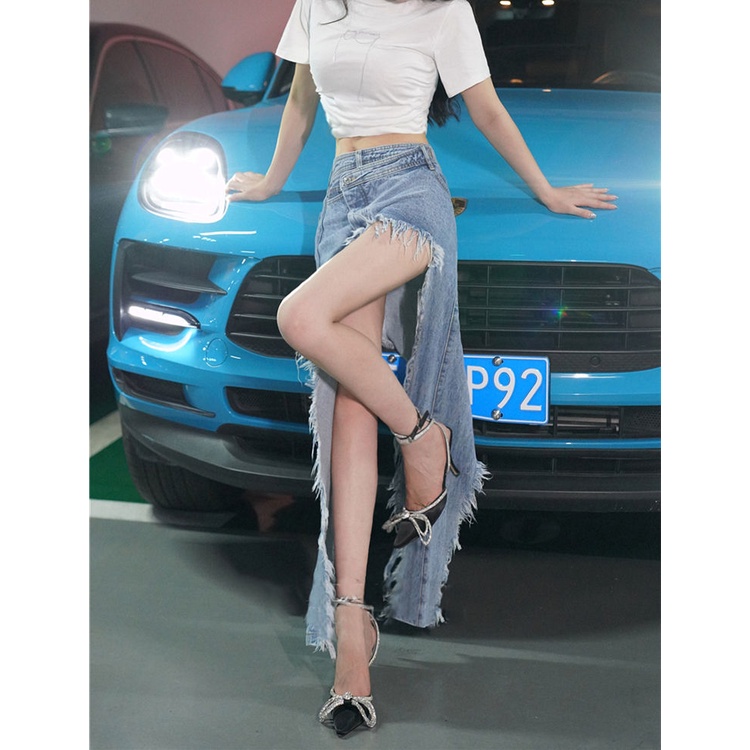 Chân Váy Denim Dài Dáng Chữ A Xẻ Tà Phối Tua Rua Phong Cách Đường Phố Âu Mỹ