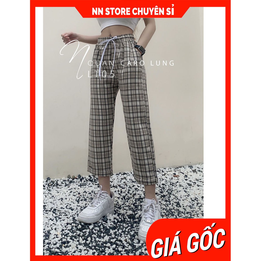 QUẦN BAGGY CARO LƯNG THUN LT05  ⚡ẢNH THẬT⚡ QUẦN LỬNG NỮ ⚡ QUẦN KAKI 9 TẤC CB