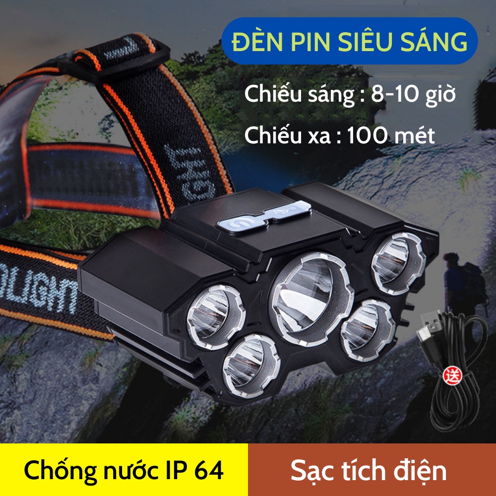 Đèn Pin Đội Đầu, Đèn pin 5 Bóng Led Siêu Sáng, Chống Nước Kèm Theo Dây Sạc TIME HOME