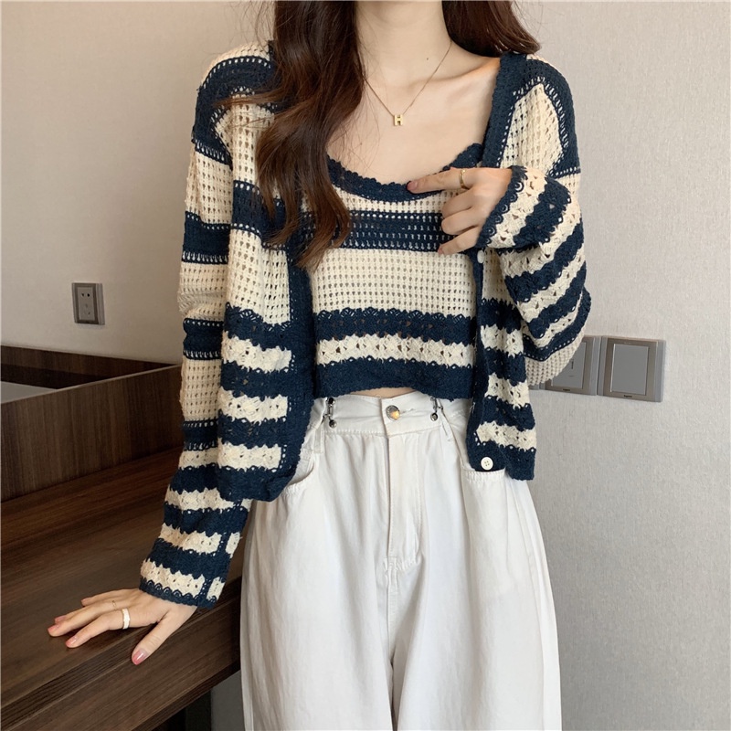 Nguyên Set áo Len Cardigan kèm 2 dây mùa thu Dệt Kim Dáng Ngắn Họa Tiết Kẻ Sọc Thời Trang Xuân Thu 2022 Phong Cách Hàn Quốc Cho Nữ