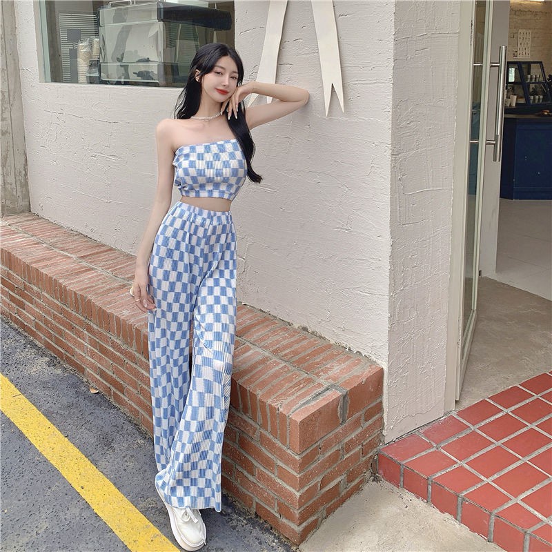 Áo ống và Quần dài ống rộng in sọc caro phong cách hè cho nữ (Có bán lẻ)