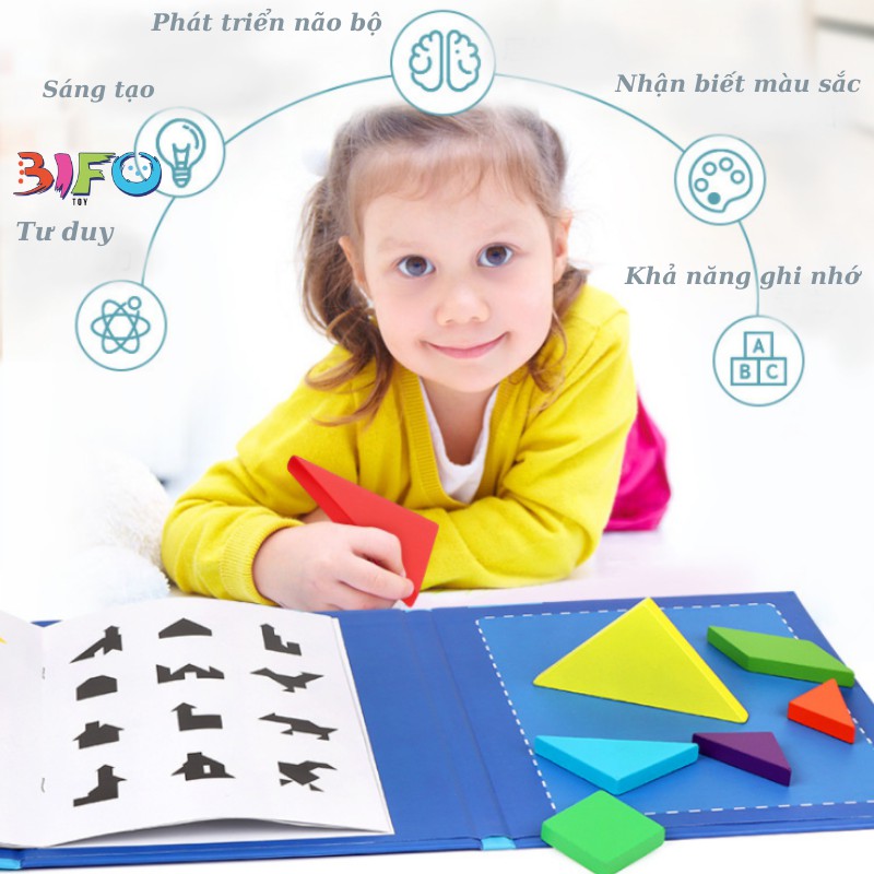 Đồ chơi cho bé xếp hình tư duy Tangram gỗ có kèm sách từ tính cho trẻ rèn luyện tư duy sáng tạo từ nhỏ cho bé