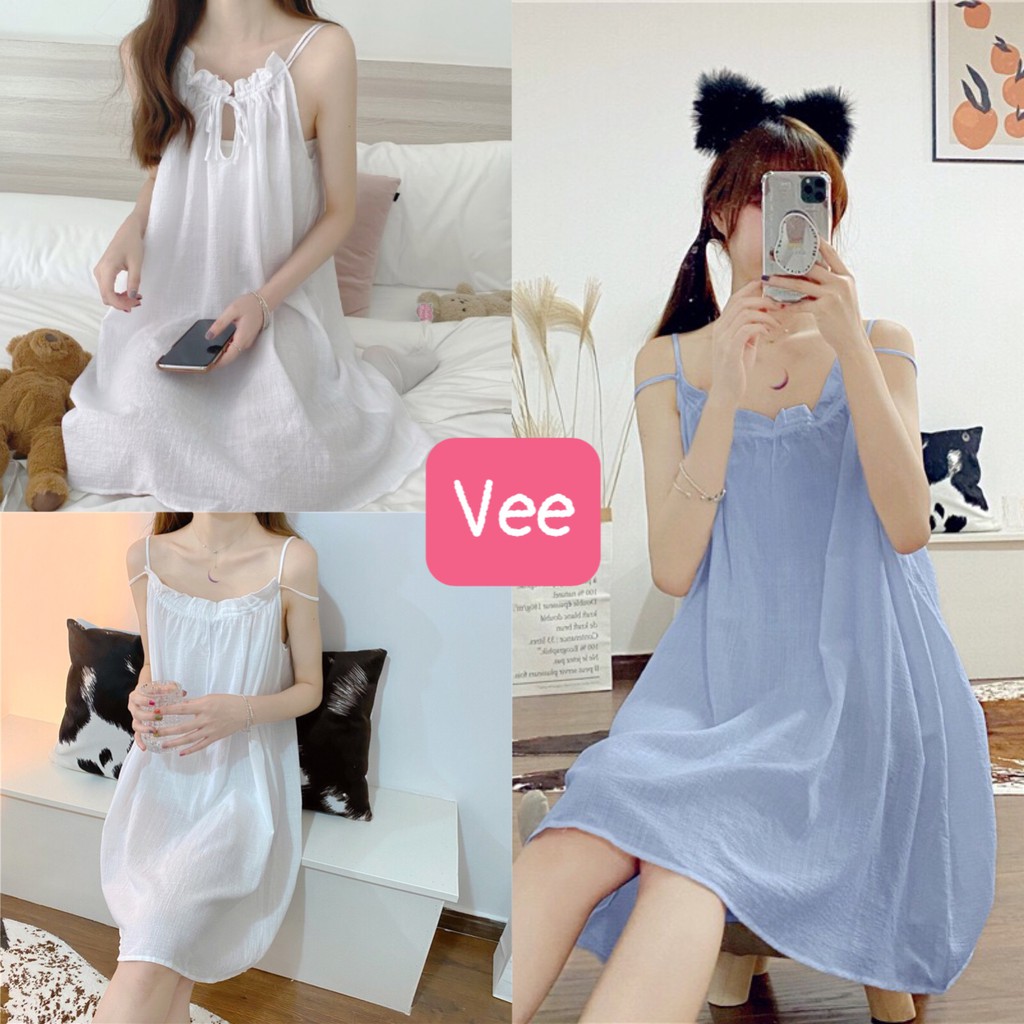 Váy yếm 2 dây trắng kiểu dáng maxi đi biển du lịch mùa hè/ Váy trắng nữ dáng suông cổ bèo xinh xắn_veestore