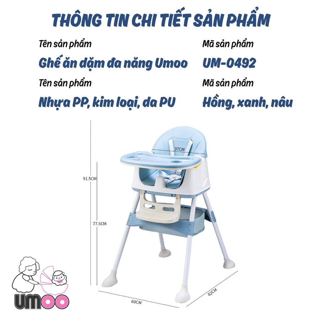 Ghế ăn dặm cho bé CAYABE Umoo điều chỉnh độ cao có bánh xe màu hồng