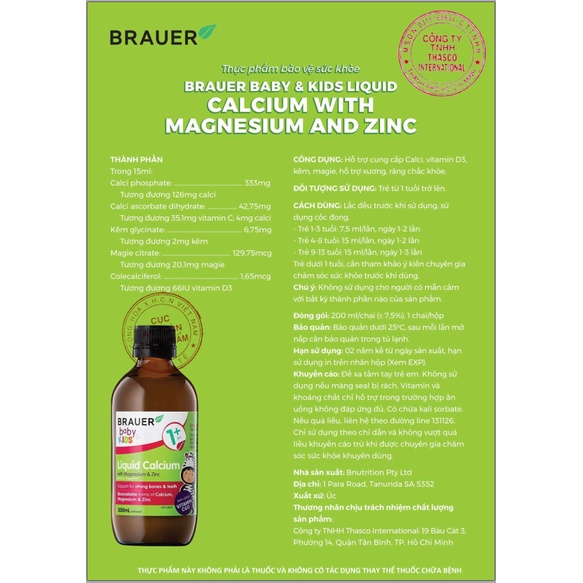 Siro BRAUER Calcium with Magnesium &amp; ZinC - Hỗn hợp Vitamin Canxi, Magie và Kẽm cho trẻ từ 1 tuổi (200ml)