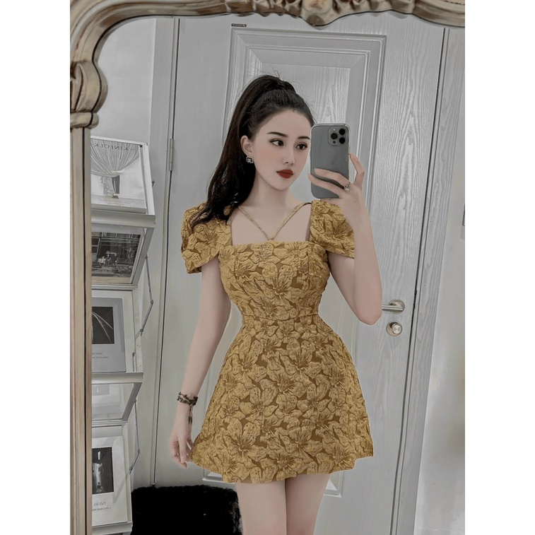 Đầm Nữ Tay Phồng Dáng Ngắn Chất Gấm Có Mút Ngực 3 Màu Dễ Chọn Siêu Xinh NEW UNISEX