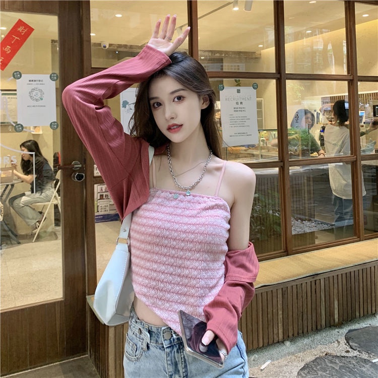 Set Len 2 Món Áo Croptop Họa Tiết Sọc + Áo Khoác Cardigan Có Nút Cài Hàng Quảng Châu Siêu Đẹp | Smide Clothing