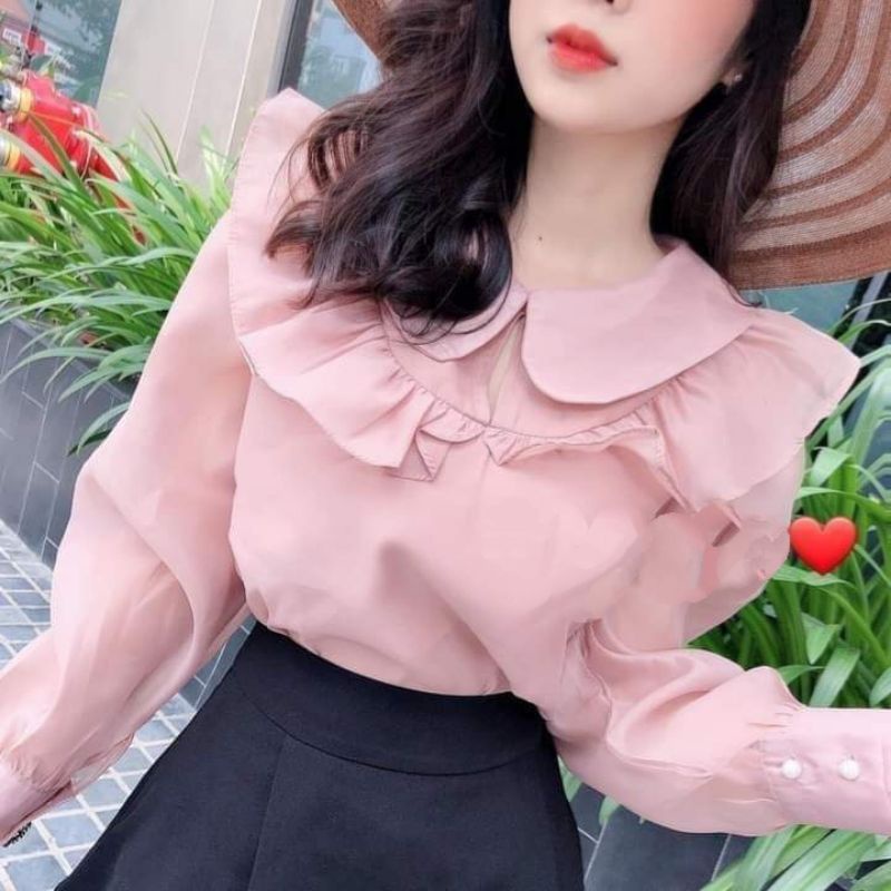 Áo sơ mi nữ tiểu thư cổ sen xếp bèo