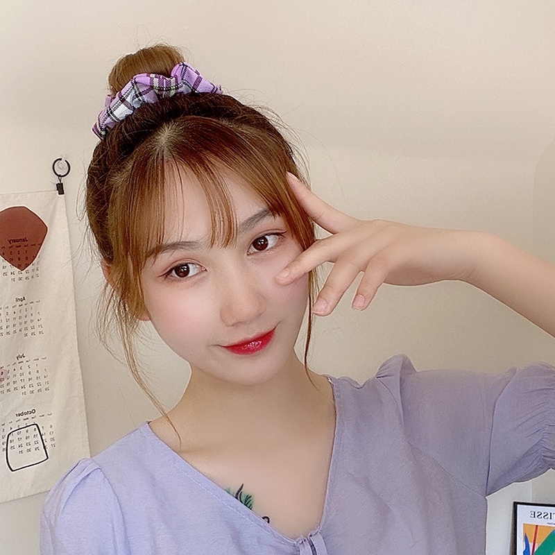 Dây buộc tóc bằng vải lưới họa tiết sọc caro thiết kế đơn giản phong cách Nhật Bản