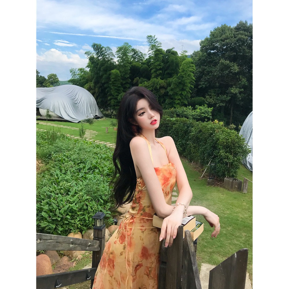 Váy yếm màu cam họa tiết hoa dáng xòe tiểu thư quyến rũ hàng Quảng châu loại 1