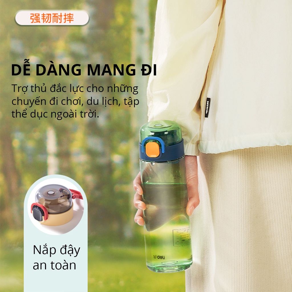 Bình nước thể thao nhựa tritan BPA free an toàn Deli 600ml dung tích khóa chốt chống rò rỉ nước, bình nước trẻ em