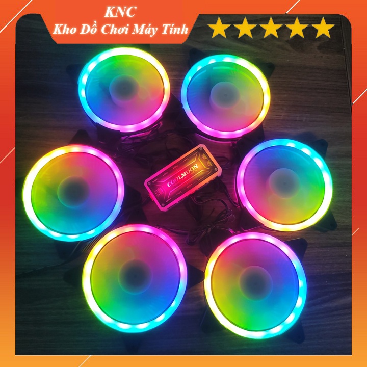 ■✹♀Bộ 6 Quạt Tản Nhiệt, làm mát máy tính, Fan Led, Case KNC V2 Led RGB Dual Ring đồng Hub Coolmoon
