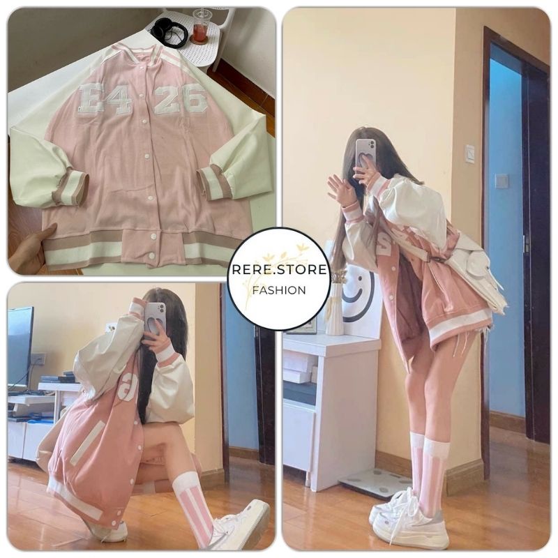 Áo Bomber E426 Nữ - Rere.Store [FREESHIP] - Áo khoác nỉ dài tay form rộng dáng suông, thiết kế kẻ sọc G14-5