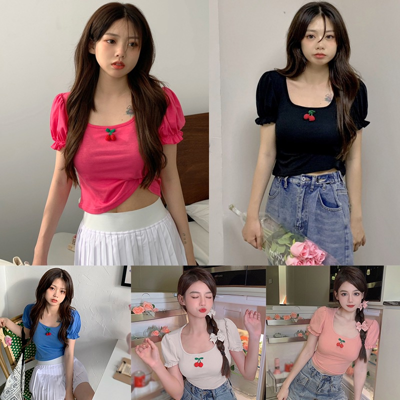 Áo Thun Crop Top Tay Ngắn Phồng Cổ Tròn In Họa Tiết Quả Anh Đào Thời Trang Mùa Hè Phong Cách Hàn Quốc Cho Nữ
