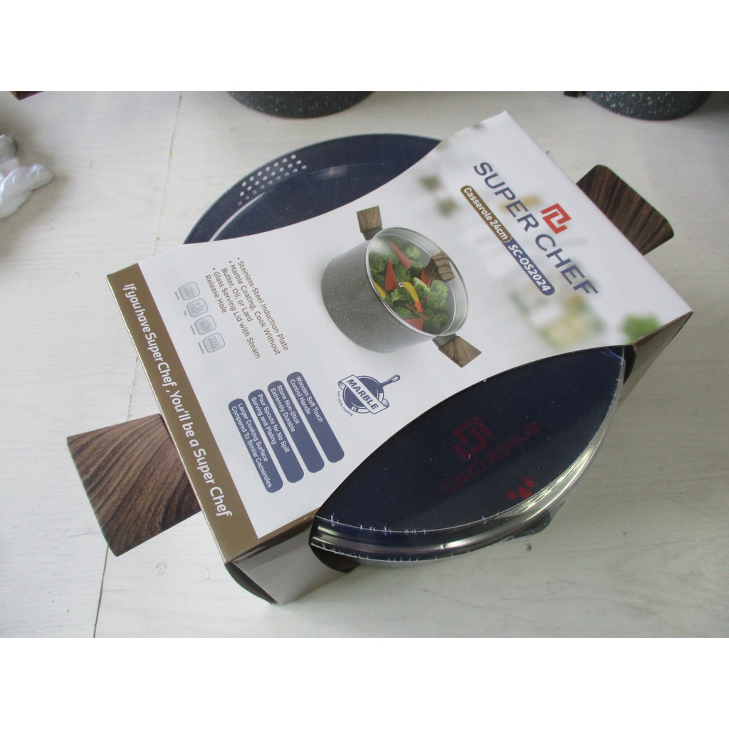 Nồi Vân Đá Đáy Từ Super Chef 2 Miệng Rót, nắp kính