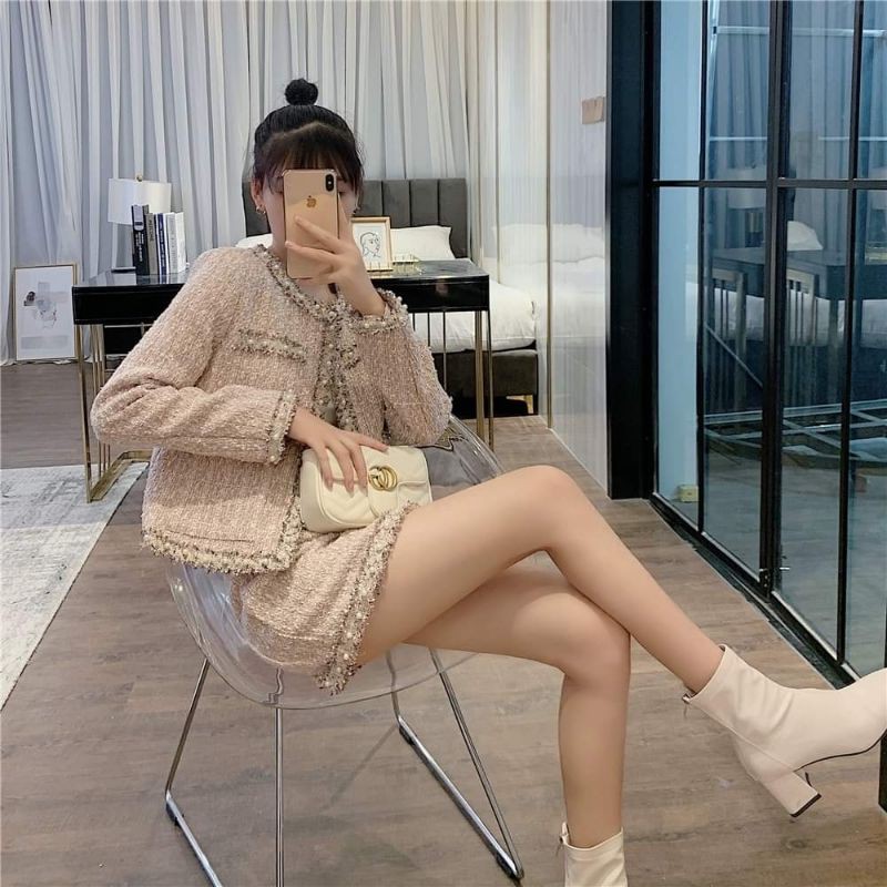 (SẴN) Set dạ tweed viền kim tuyến đính ngọc T9 | BigBuy360 - bigbuy360.vn