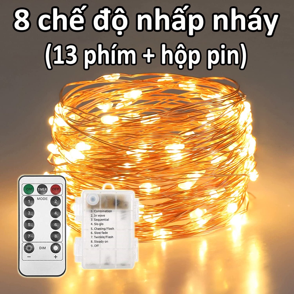 Đèn LED dây đồng  đèn đom đóm đèn thần tiên điều khiển từ xa 13 key 8 chế độ trang trí Noel và Tết trời chống nước