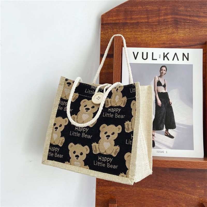 Túi Cói Mini Vintage Đi Biển Phong Cách Hàn Quốc Hoạ Tiết Hoạt Hình Siêu Đáng Yêu