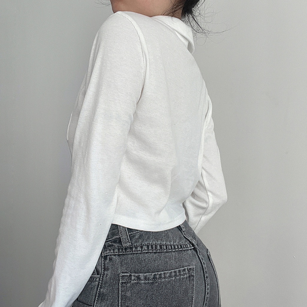Áo croptop tay dài CUTEZOO Áo polo nữ chất thun bo tăm xẻ tay có cổ Ulzzang