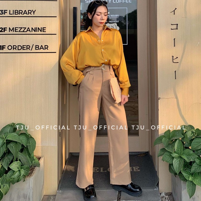 Quần kaki nữ cao cấp form dài dáng suông khóa trước kèm đai belt lưng, thiết kế T-Ju, phong cách Hàn Quốc (quần Bailey)