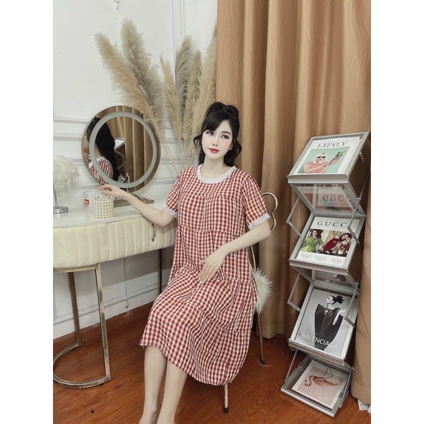 Đầm bầu caro phối ren sang chảnh